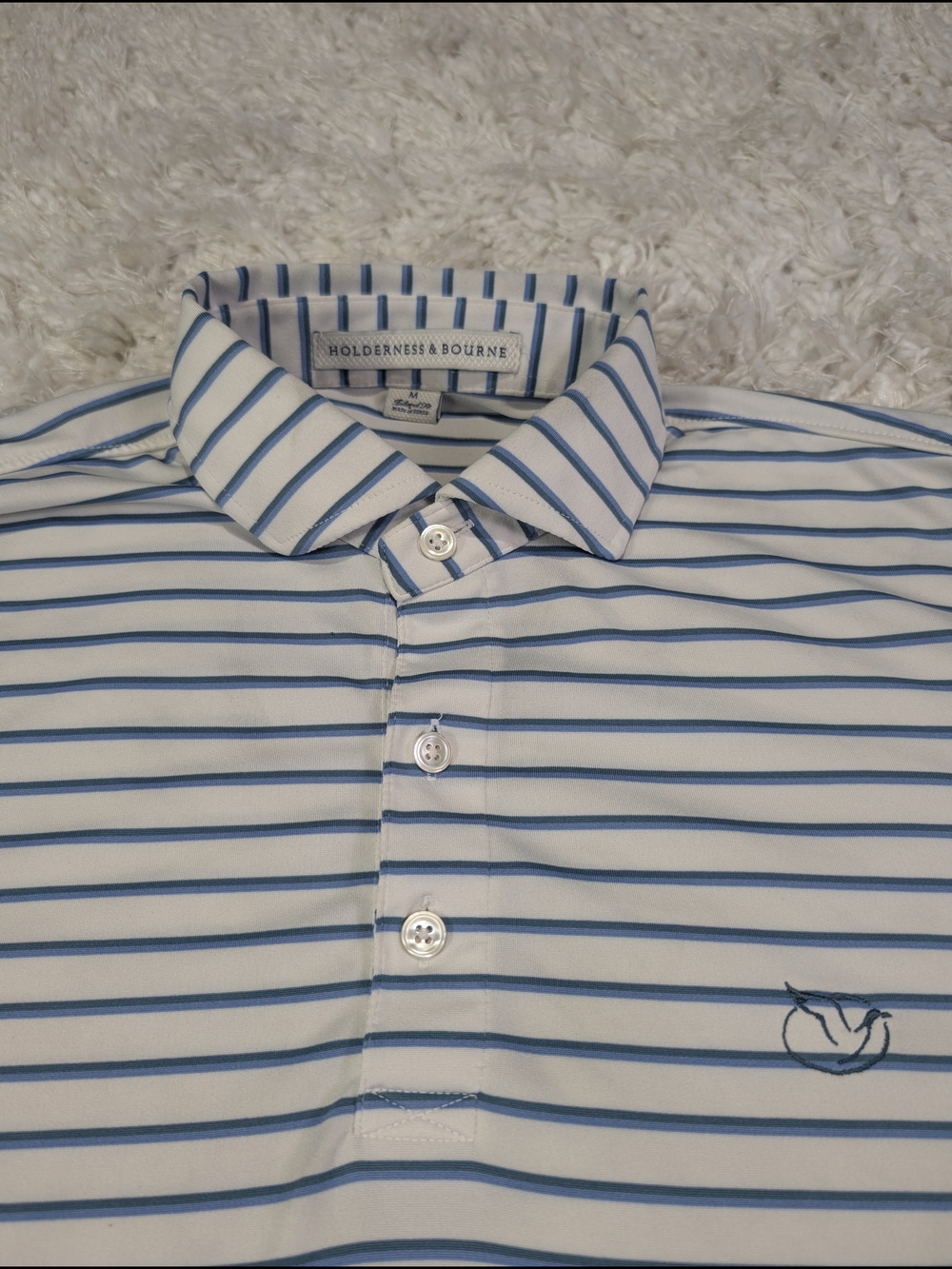 Holderness & Bourne Men's White Polo with Light Blue Stripes
